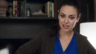 Leah Mckendrick in this short clip was seen wearing blue gown and black colored shrug over her body.